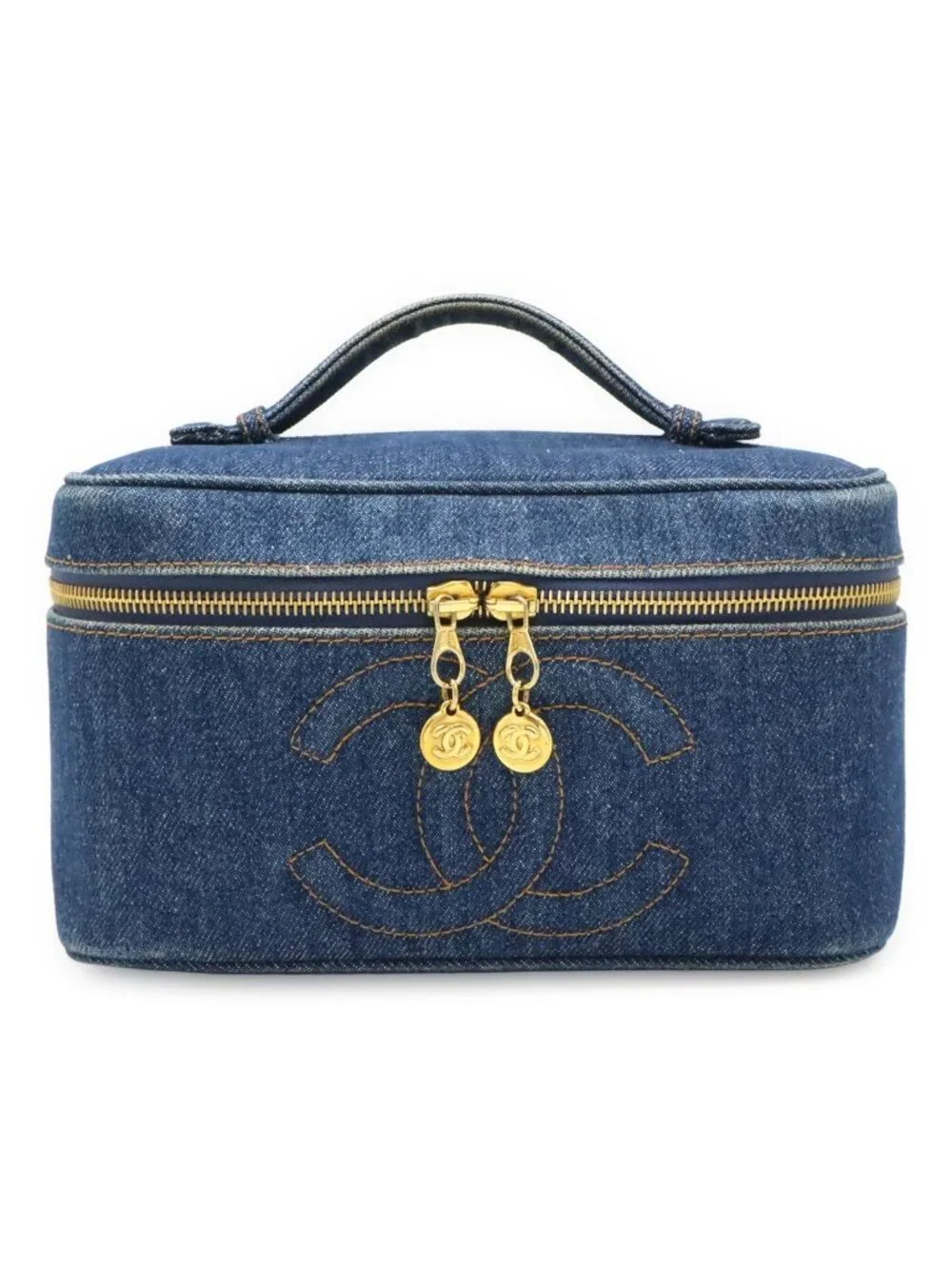Chanel CC Logo Denim Vanity Handbag Makeup Pouch Blue Indigo Gold - Picture 1 of 9